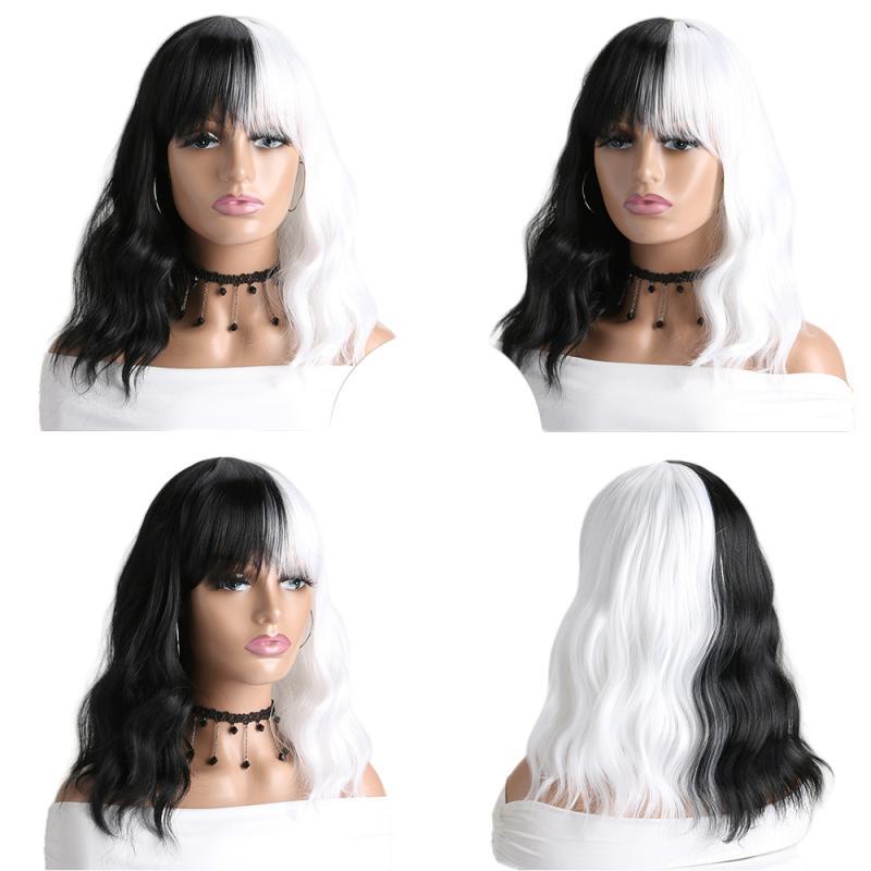 Black and white medium-length curly synthetic wig-XIUNI-WIG-183