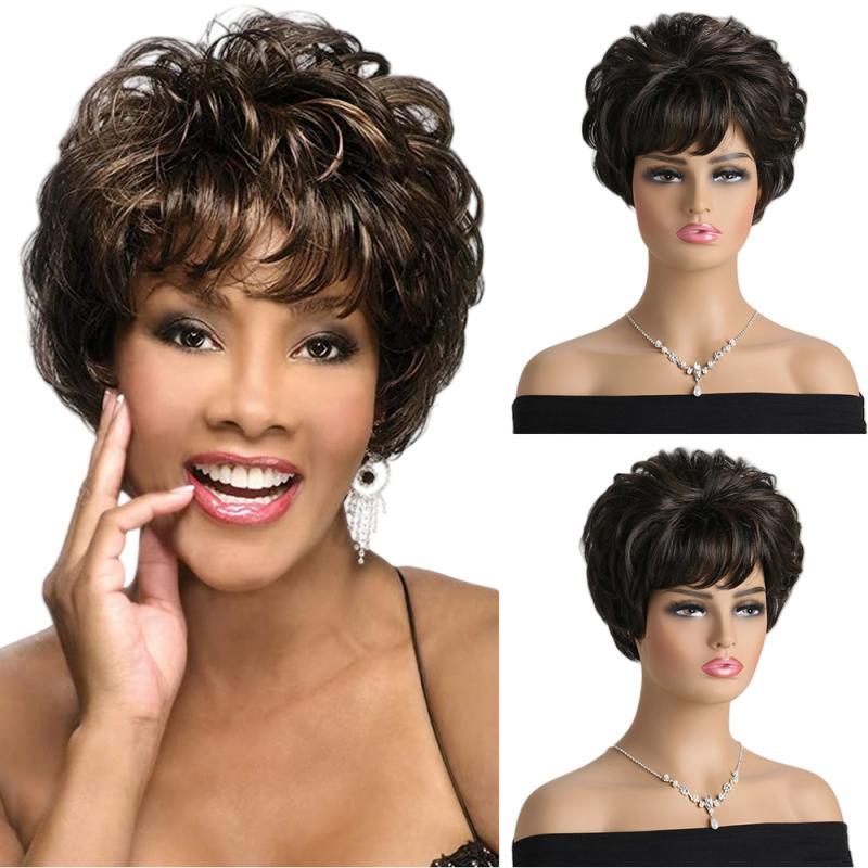 Black and brown short curly wig for women-Wig-077