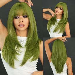 WIGSHOTSALE Wigs, Lace Wigs,Long Straight Green Wig For Women,Natural Synthetic Loose Layered Hair Wigs With Curtain Bangs