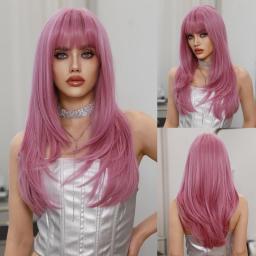 Wigs Hot Sale | Women's Wigs,Long Straight Pink Wig For Women,Natural Synthetic Loose Layered Hair Wigs With Curtain Bangs High Density 26 Inche