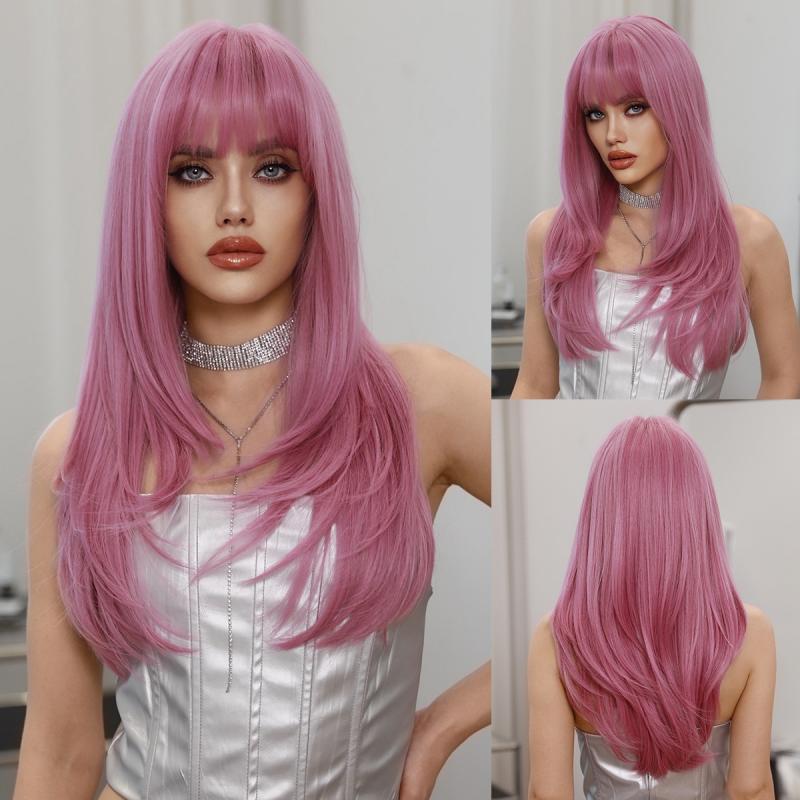 Wigs Hot Sale | Women's Wigs,Long Straight Pink Wig for Women,Natural Synthetic Loose Layered Hair Wigs with Curtain Bangs High Density 26 Inche