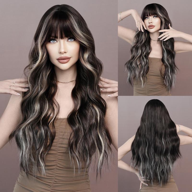 Wigs Hot Sale | Women's Wig,Long Curled Wig for Women, Highlighted With Golden Air Bangs, Fashionable Design, Natural And Realistic Daily Travel