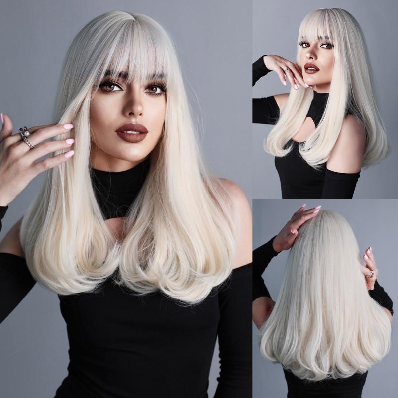 Wigs Hot Sale | Women's Wig,Platinum Blonde Wig with Bangs for Women,Synthetic Hair Wave Wigs 18 Inches White Wig for Daily Cosplay and Party
