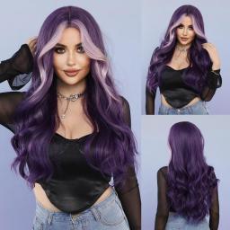 Wigs Hot Sale | Women's Wigs,Long Wigs For Women,Synthetic Wavy Dark Purple Wig For Women,Long Curly Hair Wigs With Bangs Heat Resistant