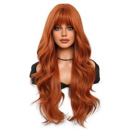 Wigs Hot Sale | Synthetic Wigs,Loose Long Wavy Orange Wig For Women,Synthetic Curly Hair Wigs With Bangs High Density 28Inch
