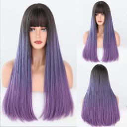 Wigs Hot Sale | WOMEN'S WIGS | Woman Synthetic Wig With Bangs,Long Straight Wigs Fashion Purple Color