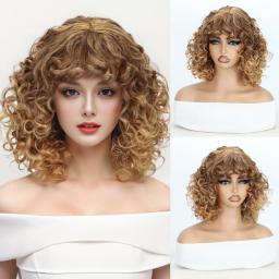 Short Curly Gold Gradient Synthetic Afro Wig With Curly Bangs