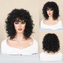 Wigs Hot Sale | WOMEN'S WIGS |Natural Black Short Curly Hair Wig For Women,Heat Resistant Synthetic Wig With Bangs