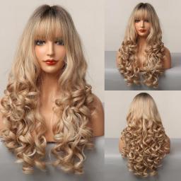 Wigs Hot Sale | WOMEN'S WIGS | Light Caramel Brown Curly Synthetic Wig,Wavy Wigs With Bangs High Temperature Fiber
