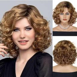 Wigs Hot Sale | Womens Fashion Wig | Mommy Wigs | Short Synthetc Hair Brown Curly Wig With Side Bangs