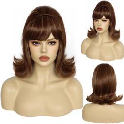 Wigs Hot Sale | Women's Wigs | 60s 70s Short 12inch Highlight Brown Retro Flip Bouffant Women's Synthetic Cosplay Wig