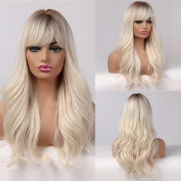 Wigs Hot Sale | Womens Fashion Wig | Long Platinum Blonde Wavy Synthetic Wigs For Women | Natural Wave Wigs With Bangs