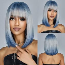 Wigs Hot Sale | Women's Wigs | Medium Length Blue White Ombre Straight Synthetic Hair With Bangs